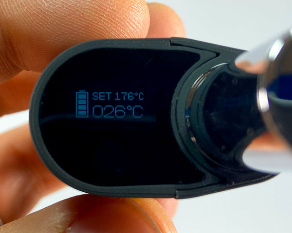 Mini dry herb vaporiser. OLED display close up