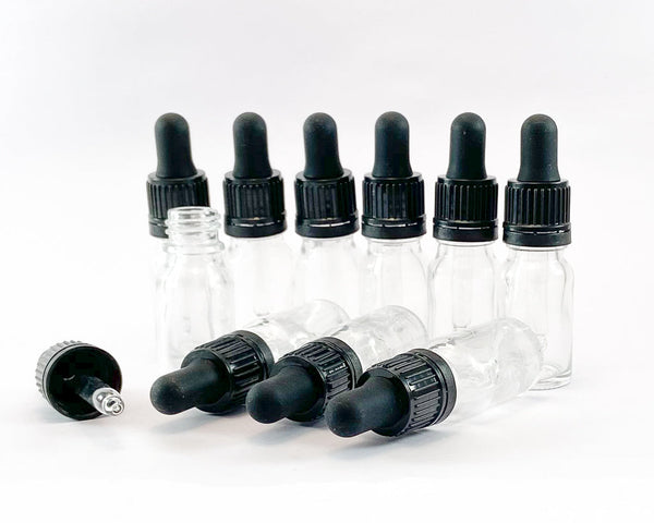 10ml clear glass dropper bottles. Pack of 10.